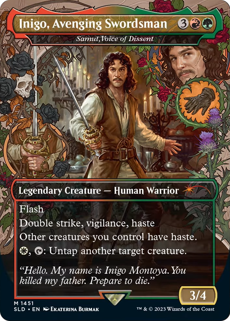 Inigo, Avenging Swordsman - Samut, Voice of Dissent (SLD-1451) - Secret Lair Drop / Inigo, Avenging Swordsman (Borderless) Foil