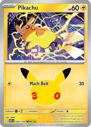 Pikachu 030/128/128 - Holofoil ME 30th Celebration - Pikachu Rare