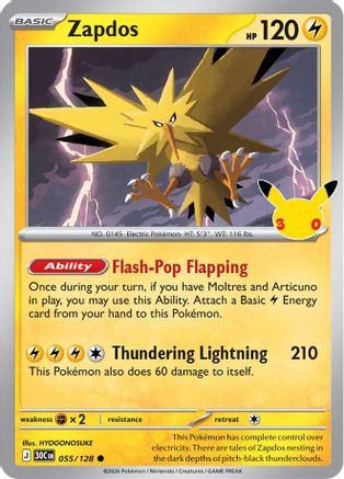 Zapdos 055/128/128 - Holofoil ME 30th Celebration - Common