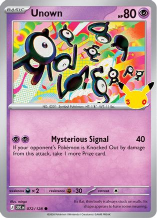 Unown 072/128/128 - Holofoil ME 30th Celebration - Common