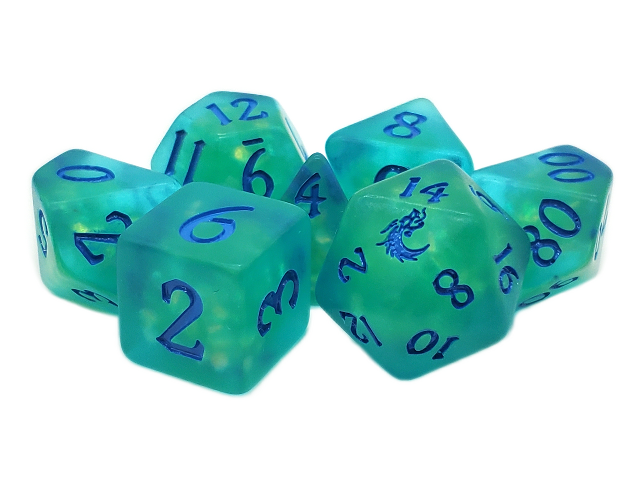 Old School 7 Piece DnD RPG Dice Set: Infused - Frosted Firefly - Cyan w/ Blue - New Design