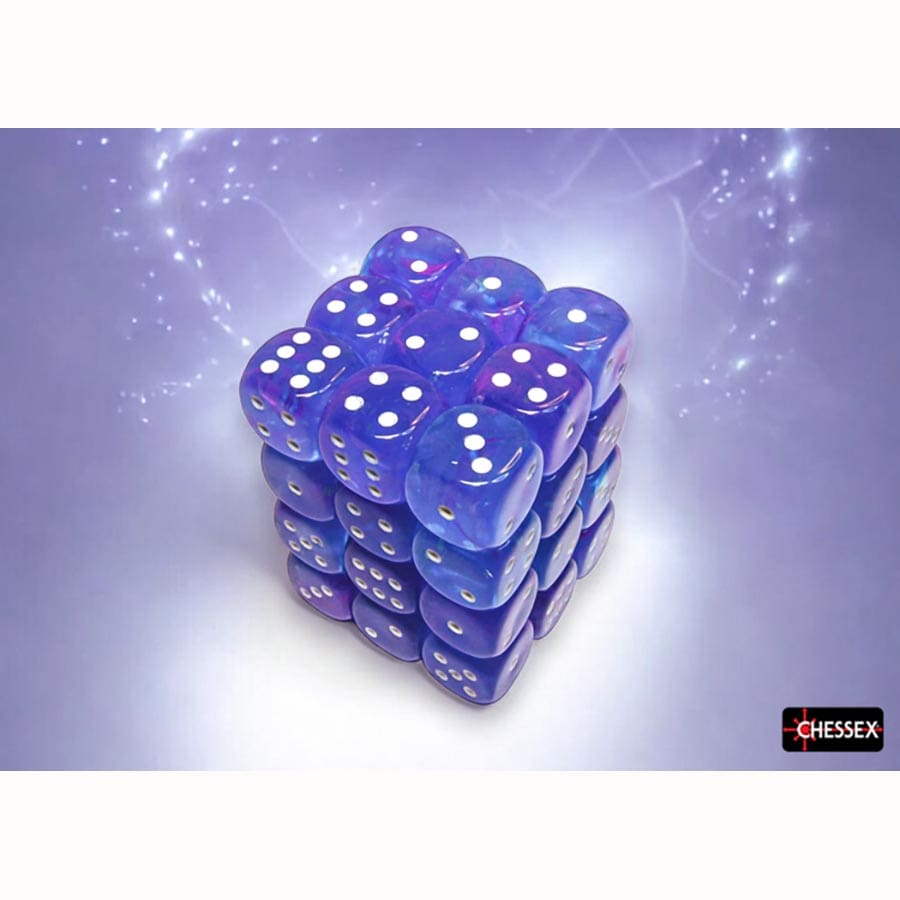 DICE MENAGERIE 11: NEBULA 12MM D6 AURA WITH WHITE LUMINARY DICE BLOCK (36 DICE)