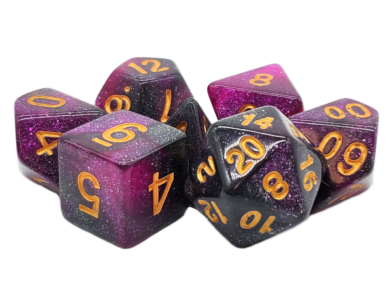Old School 7 Piece DnD RPG Dice Set: Galaxy - Purple & Black