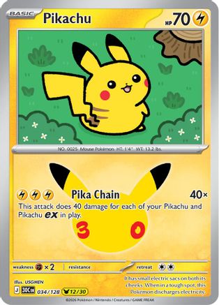 Pikachu 034/128/128  - Holofoil ME 30th Celebration - Pikachu Rare