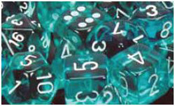 D6 -- 16MM TRANSLUCENT DICE TEAL/WHITE; 12CT