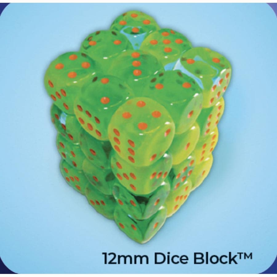 DICE MENAGERIE 11: GEMINI 12MM D6 PLASMA GREEN-TEAL WITH ORANGE LUMINARY DICE BLOCK (36 DICE)