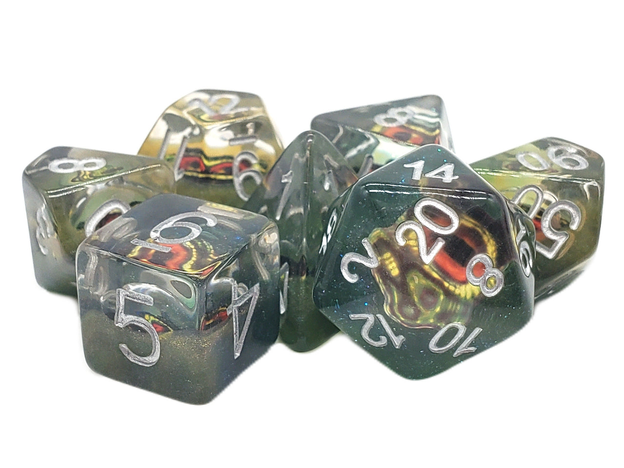 Old School 7 Piece DnD RPG Dice Set: Infused - Dragon Eye - Mist