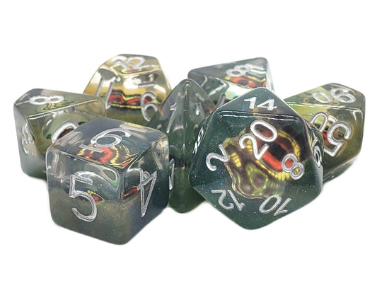 Old School 7 Piece DnD RPG Dice Set: Infused - Dragon Eye - Mist