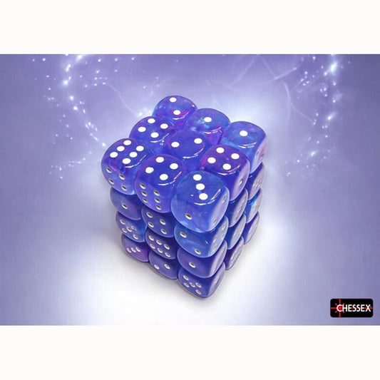 DICE MENAGERIE 11: NEBULA 12MM D6 AURA WITH WHITE LUMINARY DICE BLOCK (36 DICE)