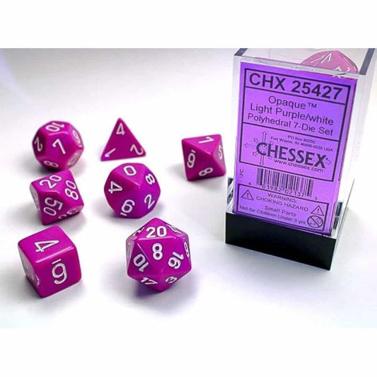 7CT OPAQUE POLY LIGHT PURPLE/WHITE DICE SET